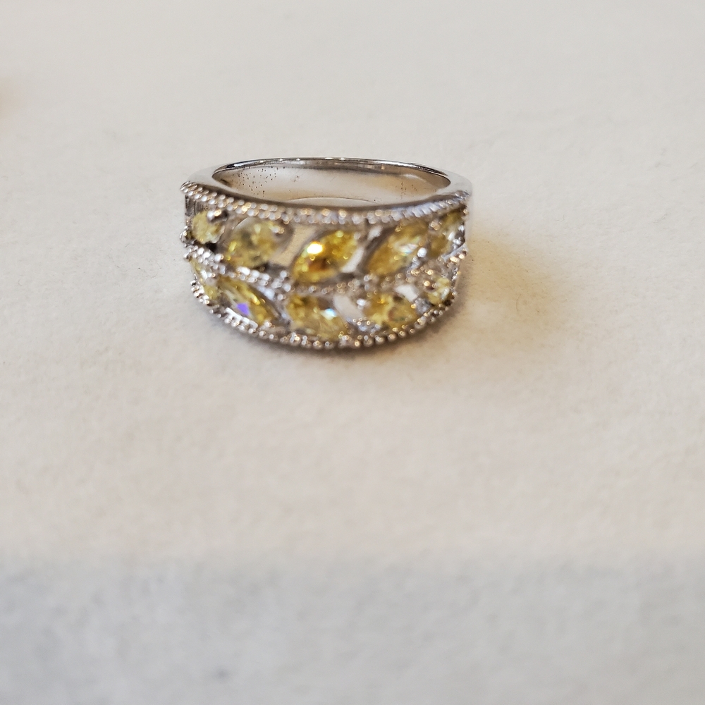 Elegant Women's Silver Ring w/ Yellow Citrine Stones Leafy Vine Design Size 7 - Picture 10 of 10